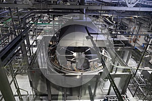 Brewery production line, steel tanks or vats for beer fermentation and manufacturing, pipelines and modern machinery