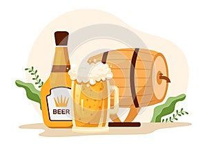 Brewery Production Process with Beer Tank and Bottle Full of Alcohol Drink for Fermentation in Flat Cartoon Illustration
