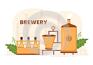 Brewery Production Process with Beer Tank and Bottle Full of Alcohol Drink for Fermentation in Flat Cartoon Illustration