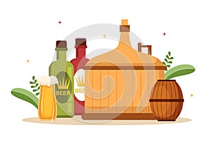 Brewery Production Process with Beer Tank and Bottle Full of Alcohol Drink for Fermentation in Flat Cartoon Illustration