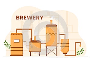 Brewery Production Process with Beer Tank and Bottle Full of Alcohol Drink for Fermentation in Flat Cartoon Illustration