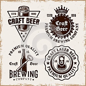 Brewery set of four vector emblems, labels, badges or logos in vintage style on background with removable grunge