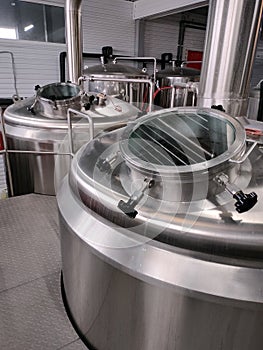 Brewery. Stainless steel tanks for brewing beer.