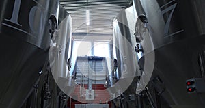 Brewery. Stainless steel tanks for brewing beer.