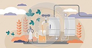 Brewery vector illustration. Flat tiny beer making process persons concept.