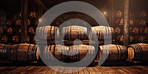 Brewery, winery background. Wine, beer barrels stacked