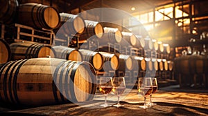 Brewery, winery background. Wine, beer barrels stacked background