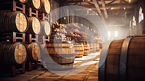 Brewery, winery background. Wine, beer barrels stacked background