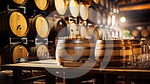 Brewery, winery background. Wine, beer barrels stacked background
