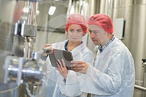 brewery workers wearing hairnets looking at tablet screen