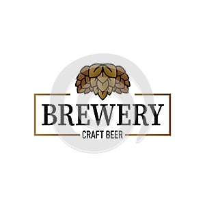 Brewery written lettering logo, label, badge template with hop Vintage style. Vector illustration.