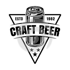 Brewing emblem, label, badge or logo in monochrome vintage style with beer can isolated on white background