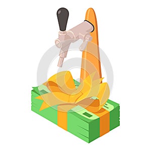 Brewing icon isometric vector. Metal beer tap and dollar bill stack with ribbon