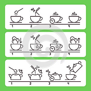 Brewing tea instruction. Preparing green or black hot drink with bag. Beverage preparation guideline