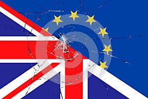 Brexit blue european union EU flag on broken glass effect and half great britain flag