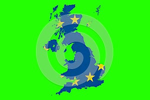 brexit blue european union EU flag on great britain map on chroma key green screen background, vote for united kingdom exit