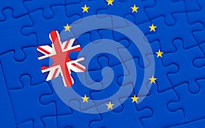 Brexit blue european union EU flag puzzle with puzzle piece with great britain flag