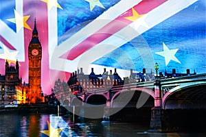 brexit concept - double exposure of UK landmarks and flag