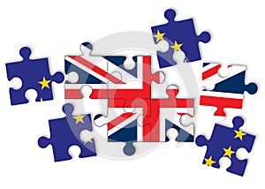 Brexit concept, flags of UK the United Kingdom and EU the European Union as scattered jigsaw puzzle pieces