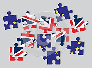 Brexit concept, flags of UK the United Kingdom and EU the European Union as scattered jigsaw puzzle pieces
