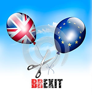 Brexit concept. Scissors cutting EU and UK balloons