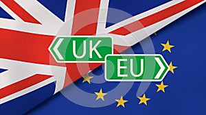 Brexit. EU and UK silk flags background. 3d illustration