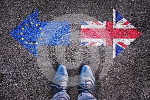 Brexit, flags of the United Kingdom and the European Union on asphalt road