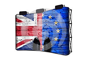 Brexit, Flags Of The United Kingdom And The European Union On Wooden Background With Shoes - Business Concept On Banner Display