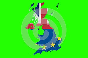 brexit half blue european union EU flag and half uk great britain united kingdom flag on great britain map on chroma key green sc