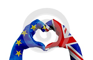 Brexit, hands of man in heart shape patterned with the flag of blue european union EU and flag of great britain uk on the white ba