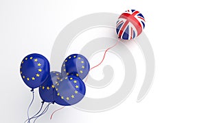 Brexit illustration creative concept, Flying balloon with European Union EU and United Kingdom UK flag on white background.