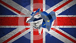 Brexit rolling crumpled paper with blue european union EU flag on grunge great britain uk flag