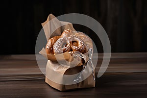 brezel, wrapped in paper bag with decorative twist