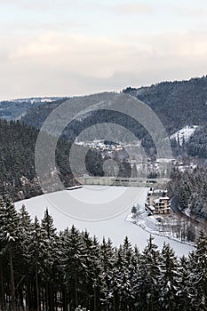 Brezova dam near Karlovy Vary, Czech Republic, winter aerial view