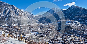 Briancon, highest city of France in Winter panoramic with Vauban fortifications. Hautes-Alpes, Alps, France