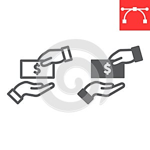 Bribe line and glyph icon, election and corruption, hand give bribery sign vector graphics, editable stroke linear icon