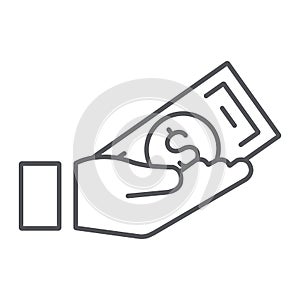Bribe thin line icon, arm and money, dollar in hand sign, vector graphics, a linear pattern on a white background.