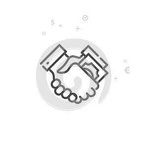 Bribe, Transfer of Money, Handshake Vector Line Icon, Symbol, Sign. Light Abstract Geometric Background. Editable Stroke