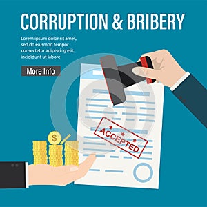Bribery and corruption. Hand gives lot of gold coins, other hand put stamp on document. Successful bribe deal. Criminal payment.