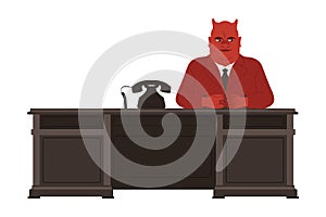 Bribery and Corruption with Horned Red Man Character Sitting at Desk Vector Illustration