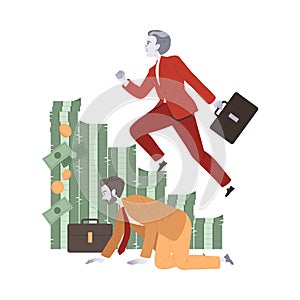 Bribery and Corruption with Man Character Climbing Business Ladder of Money Piles Vector Illustration