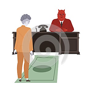 Bribery and Corruption with Man Character Standing on Banknote Mat In Front of Authority at Desk Vector Illustration