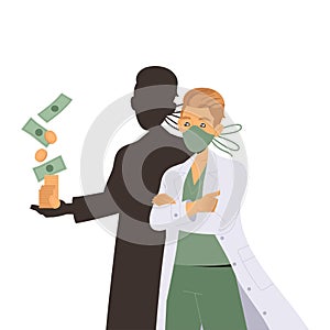 Bribery and Corruption with Man Doctor Character in Mask with Black Shadow Taking Money Vector Illustration