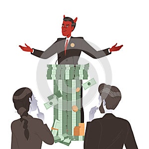 Bribery and Corruption with Man Politician Character Speaking from Tribune of Money Pile Vector Illustration