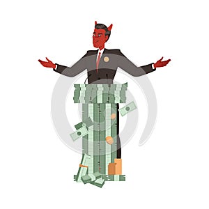 Bribery and Corruption with Man Politician Character Speaking from Tribune of Money Pile Vector Illustration