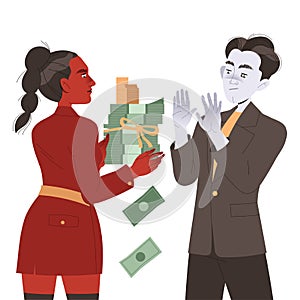 Bribery and Corruption with Woman Character Giving Money to Man Refusing It Vector Illustration