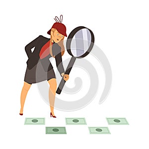 Bribery and Corruption with Woman Character with Magnifying Glass Investigating Crime Vector Illustration