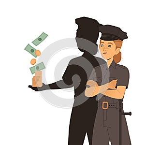Bribery and Corruption with Woman Police Officer Character with Black Shadow Taking Money Vector Illustration