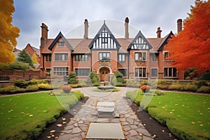 brick base tudor mansion with sprawling grounds