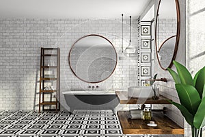 Brick bathroom interior, tub and sink